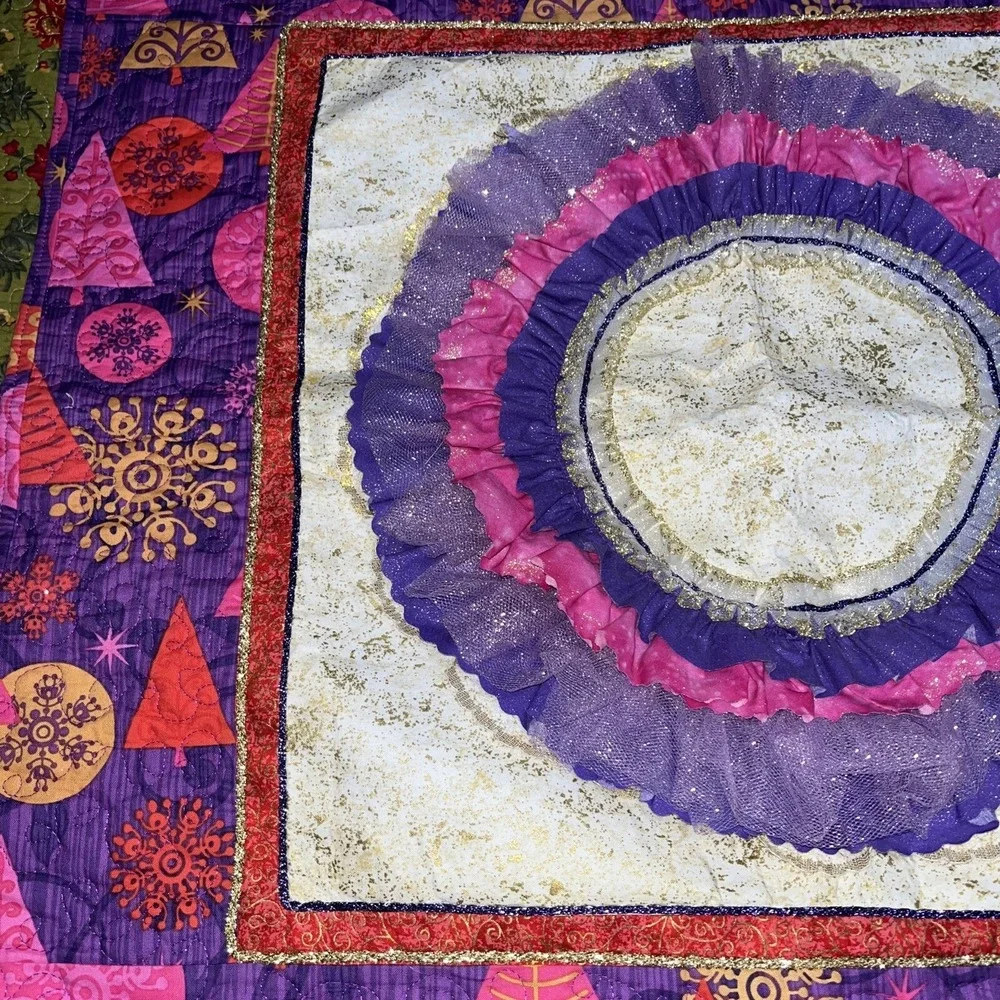 Christmas Quilted wall hanging,  27 x 28, pinks , purples ,lace, tulle, trees